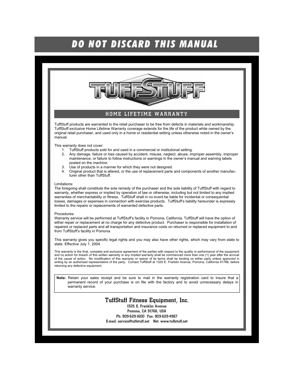 Do not discard this manual, Tuffstuff fitness equipment, inc | Tuff Stuff ROB-311SS Safety Spotter for ROB-311 (Pair) User Manual | Page 3 / 3