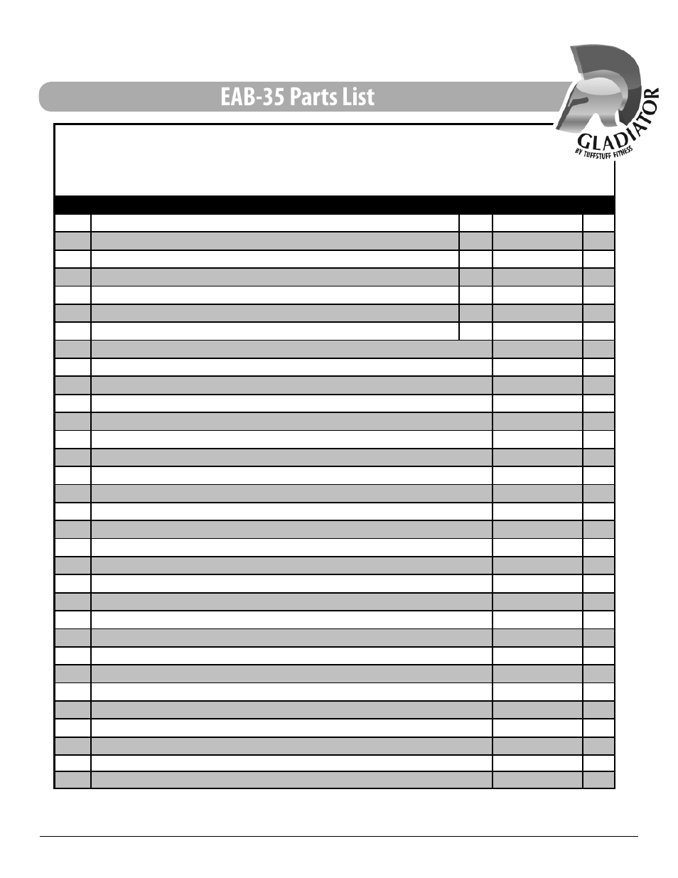 Eab-35 parts list | Tuff Stuff EAB-35 Adjustable Abdominal Bench User Manual | Page 12 / 16