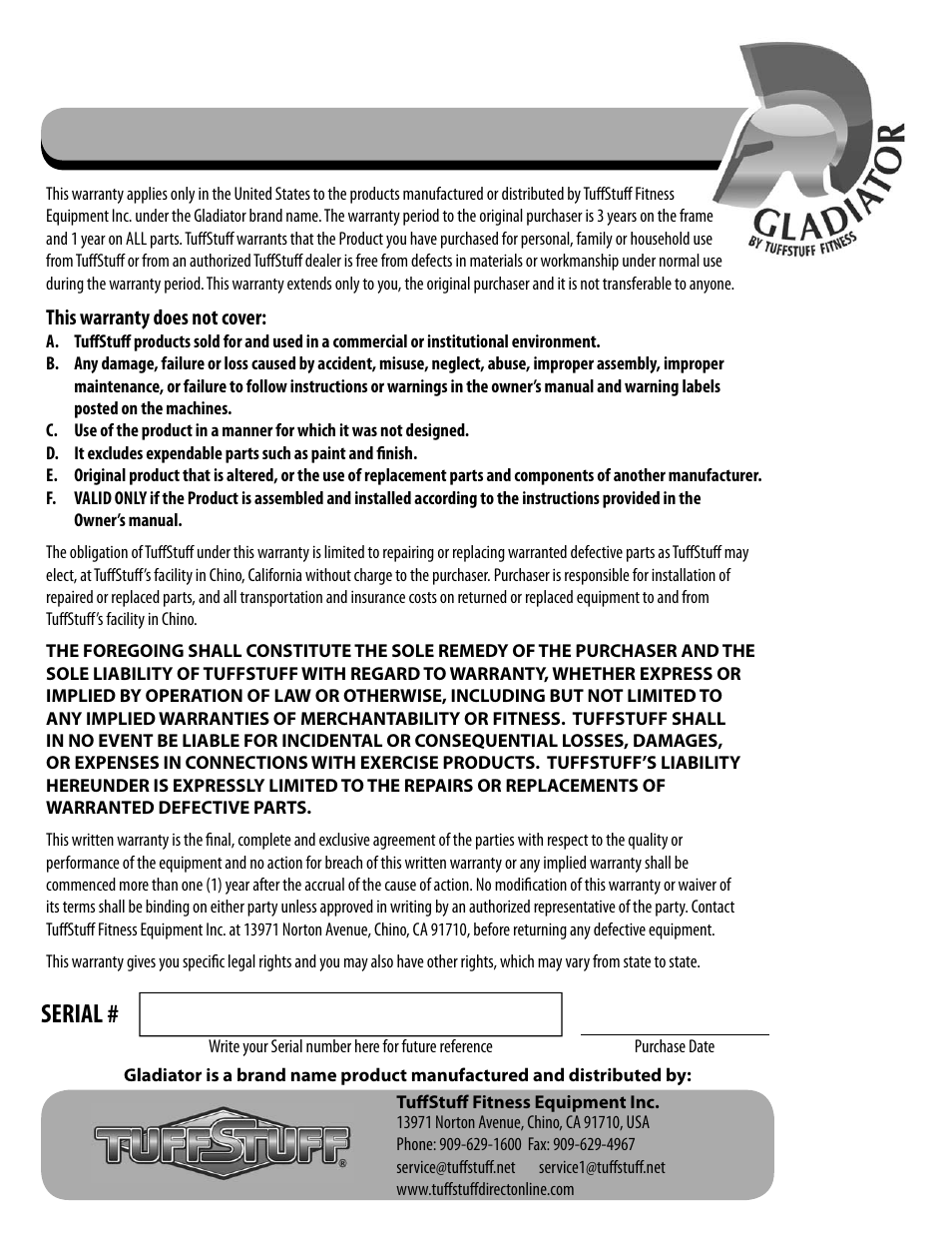 Warranty, Serial | Tuff Stuff EAB-35 Adjustable Abdominal Bench User Manual | Page 16 / 16