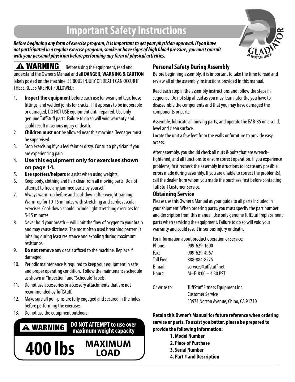 400 lbs, Important safety instructions, Maximum load | Tuff Stuff EAB-35 Adjustable Abdominal Bench User Manual | Page 5 / 16