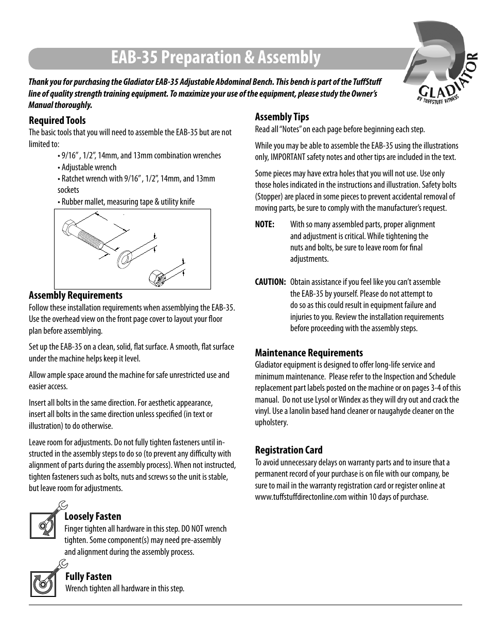Eab-35 preparation & assembly, Required tools, Assembly requirements | Assembly tips, Maintenance requirements, Registration card, Loosely fasten, Fully fasten | Tuff Stuff EAB-35 Adjustable Abdominal Bench User Manual | Page 6 / 16