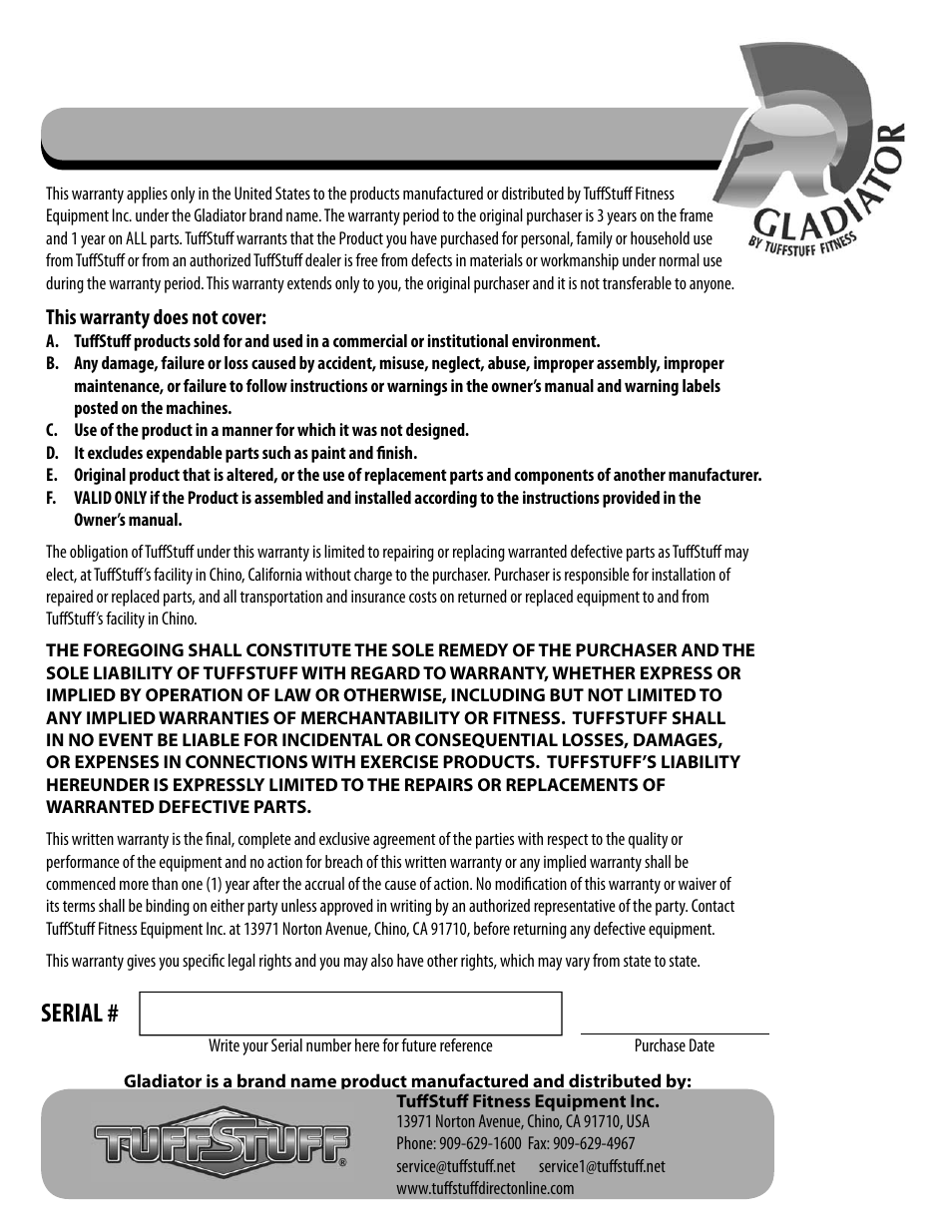 Warranty, Serial | Tuff Stuff ECD-44 Chin/Dip/VKR Combo Stand User Manual | Page 16 / 16