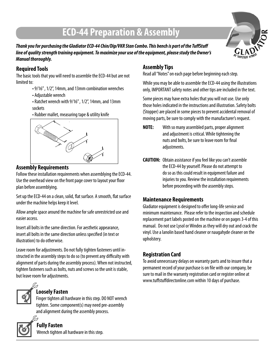 Ecd-44 preparation & assembly, Required tools, Assembly requirements | Assembly tips, Maintenance requirements, Registration card, Loosely fasten, Fully fasten | Tuff Stuff ECD-44 Chin/Dip/VKR Combo Stand User Manual | Page 6 / 16