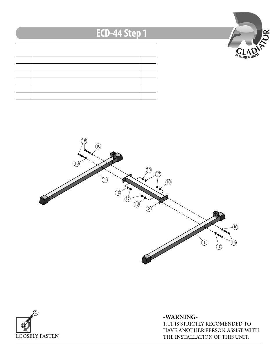 Ecd-44 step 1, Assembly list, Warning | Tuff Stuff ECD-44 Chin/Dip/VKR Combo Stand User Manual | Page 7 / 16
