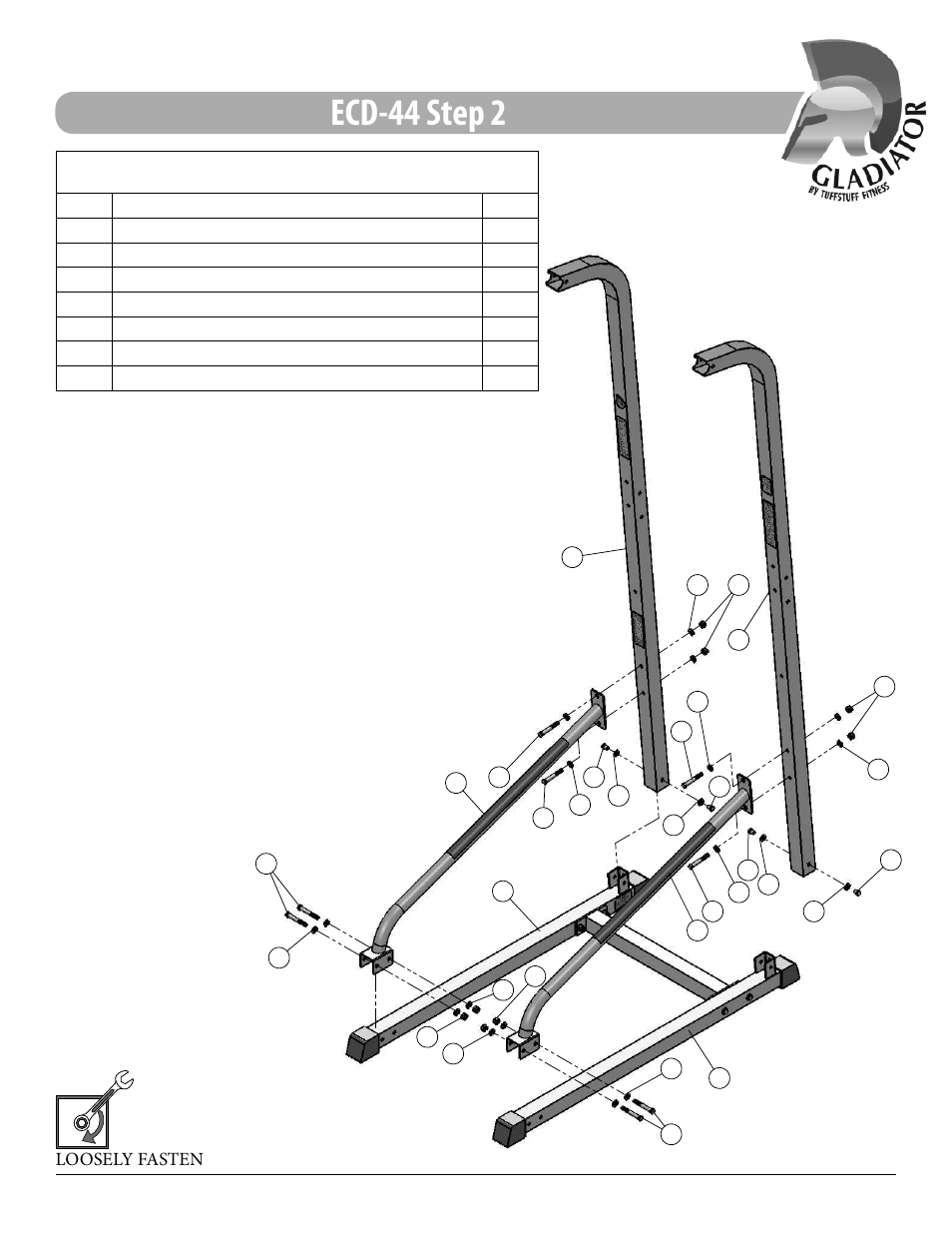 Ecd-44 step 2, Assembly list | Tuff Stuff ECD-44 Chin/Dip/VKR Combo Stand User Manual | Page 8 / 16