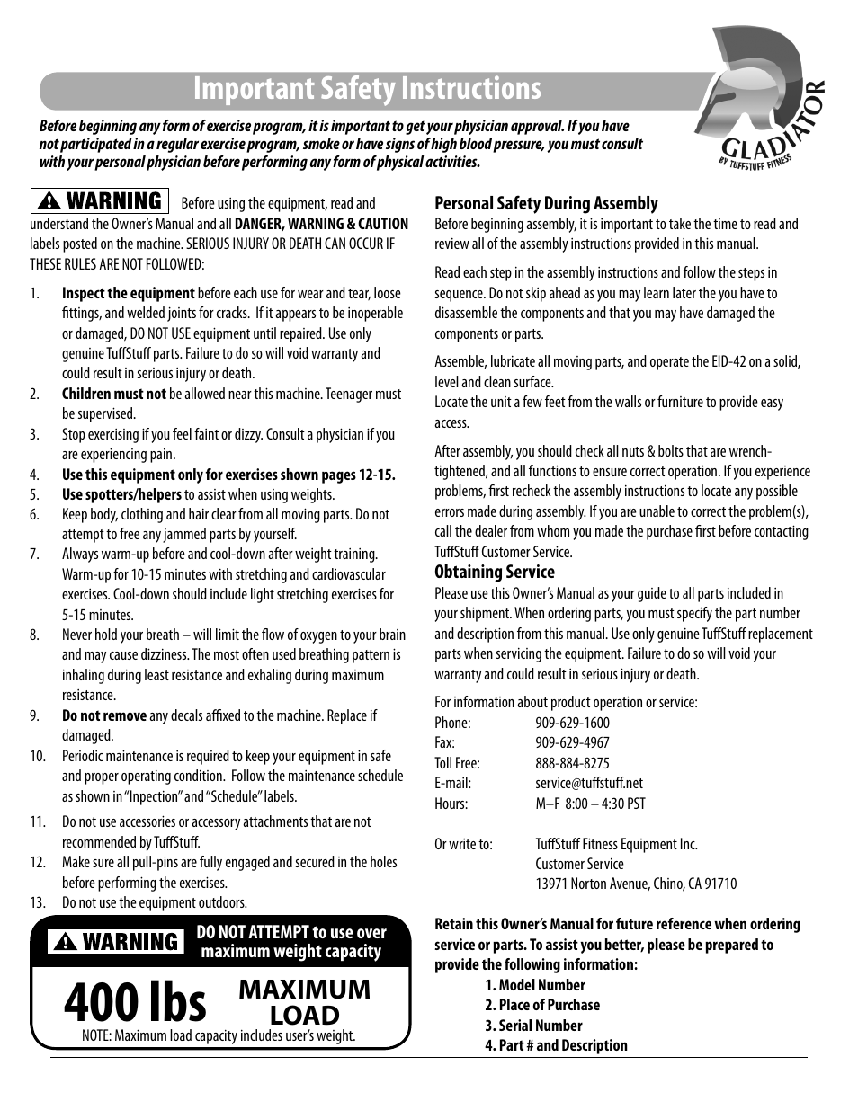 400 lbs, Important safety instructions, Maximum load | Tuff Stuff EID-42 Multi-Purpose Bench User Manual | Page 5 / 16