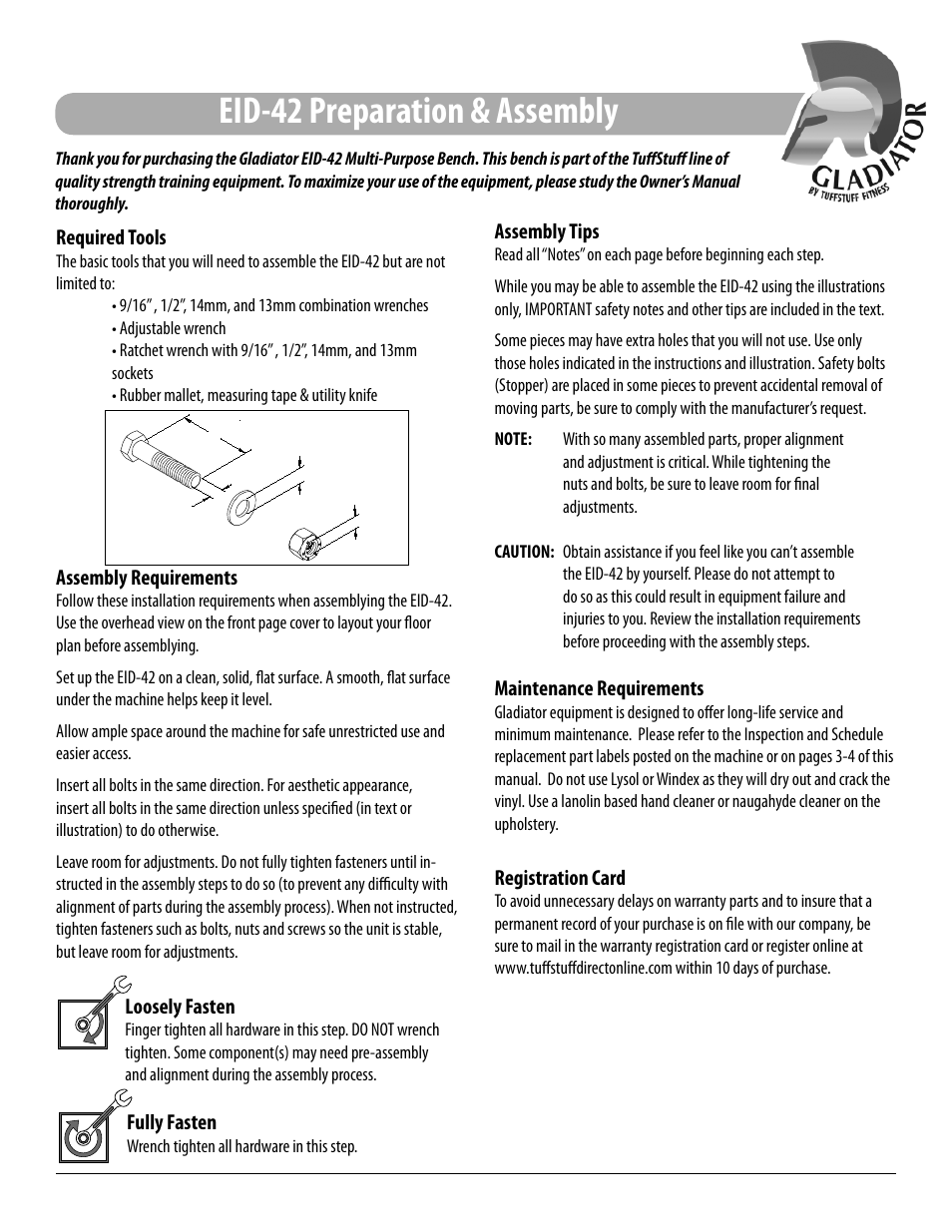 Eid-42 preparation & assembly, Required tools, Assembly requirements | Assembly tips, Maintenance requirements, Registration card, Loosely fasten, Fully fasten | Tuff Stuff EID-42 Multi-Purpose Bench User Manual | Page 6 / 16