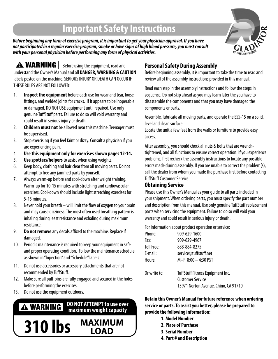 310 lbs, Important safety instructions, Maximum load | Tuff Stuff ESS-15 Multi-Press Rack User Manual | Page 5 / 16