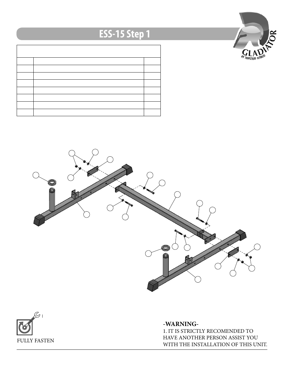 Ess-15 step 1, Assembly list, Warning | Tuff Stuff ESS-15 Multi-Press Rack User Manual | Page 7 / 16