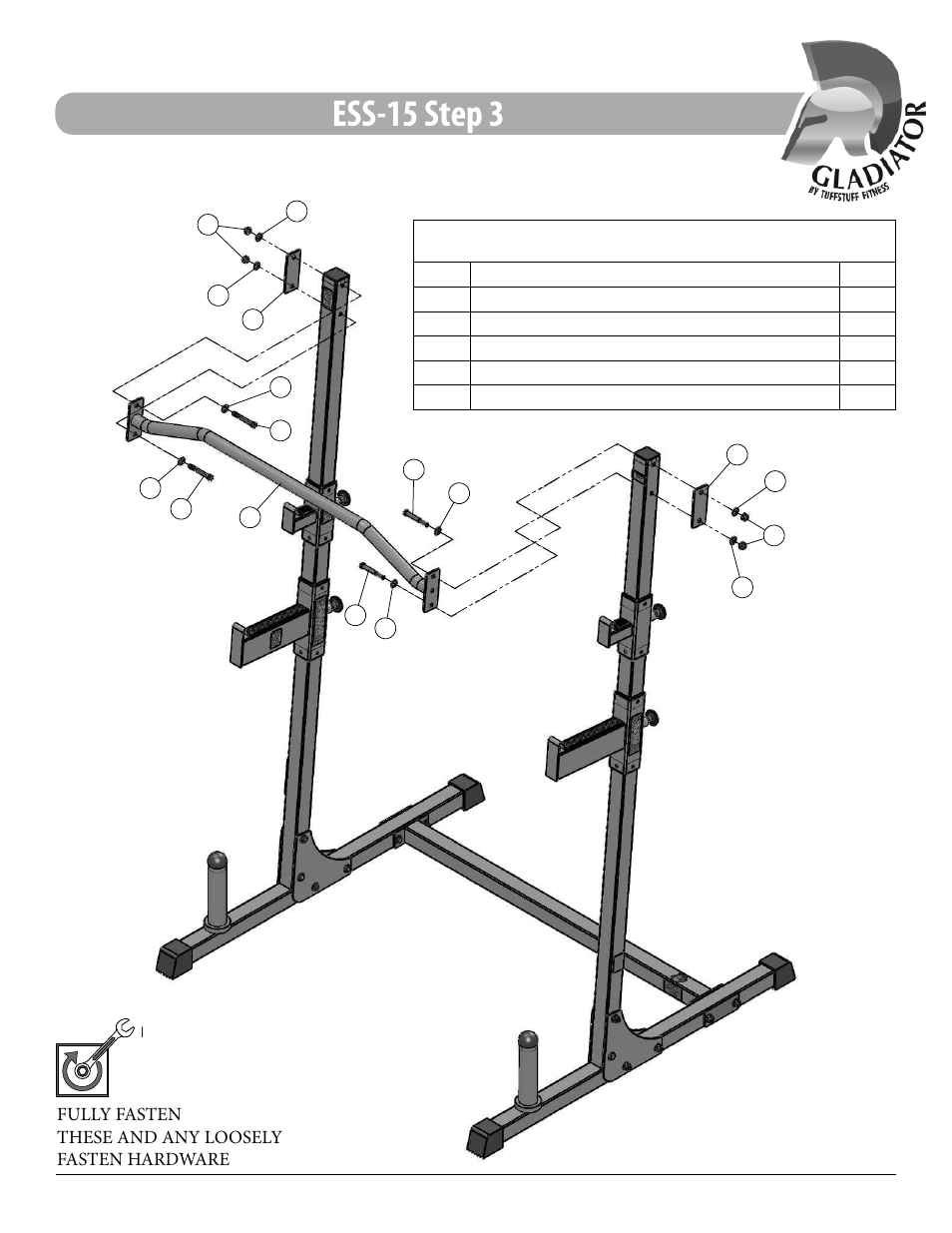 Ess-15 step 3, Assembly list | Tuff Stuff ESS-15 Multi-Press Rack User Manual | Page 9 / 16