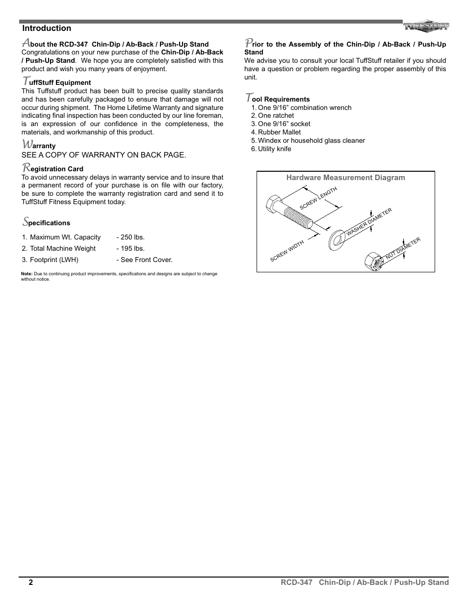 Introduction | Tuff Stuff RCD-347 Chin/Dip/VKR & Push-Up Combo User Manual | Page 2 / 8