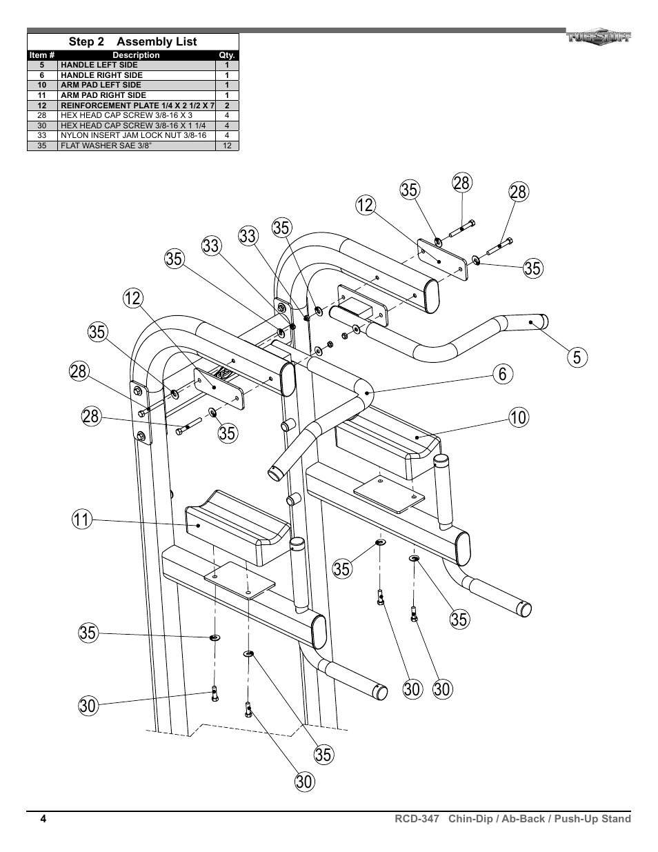 Tuff Stuff RCD-347 Chin/Dip/VKR & Push-Up Combo User Manual | Page 4 / 8