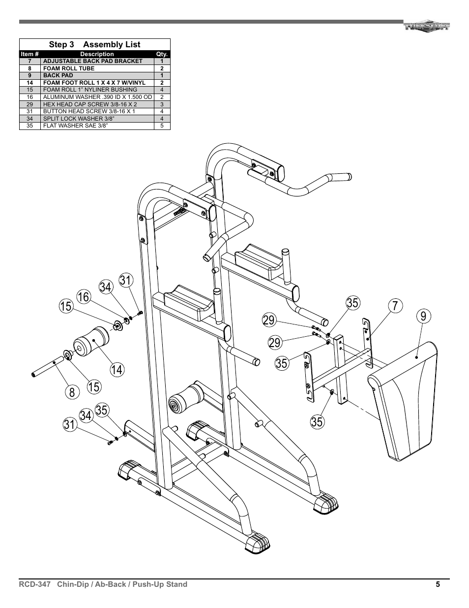 Tuff Stuff RCD-347 Chin/Dip/VKR & Push-Up Combo User Manual | Page 5 / 8