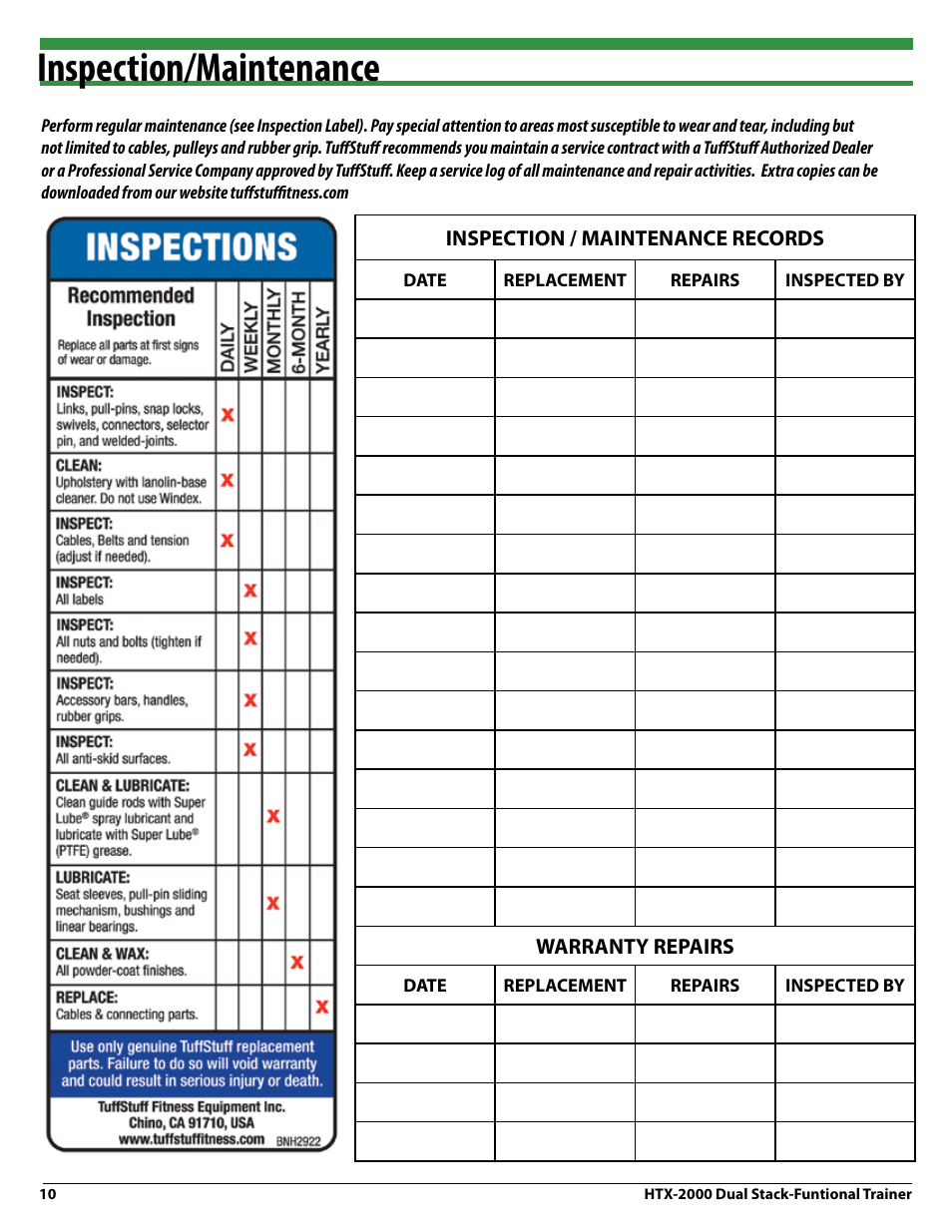 Inspection/maintenance | Tuff Stuff HTX-2000 Dual Stack Functional Trainer v.1 User Manual | Page 10 / 36