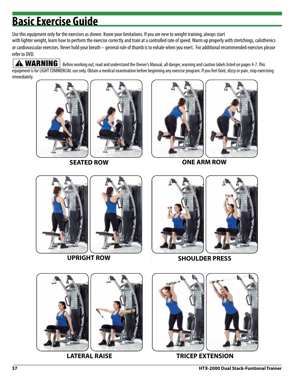 Basic exercise guide, Important safety instructions, Warning | Trim line/round corners | Tuff Stuff HTX-2000 Dual Stack Functional Trainer v.1 User Manual | Page 34 / 36