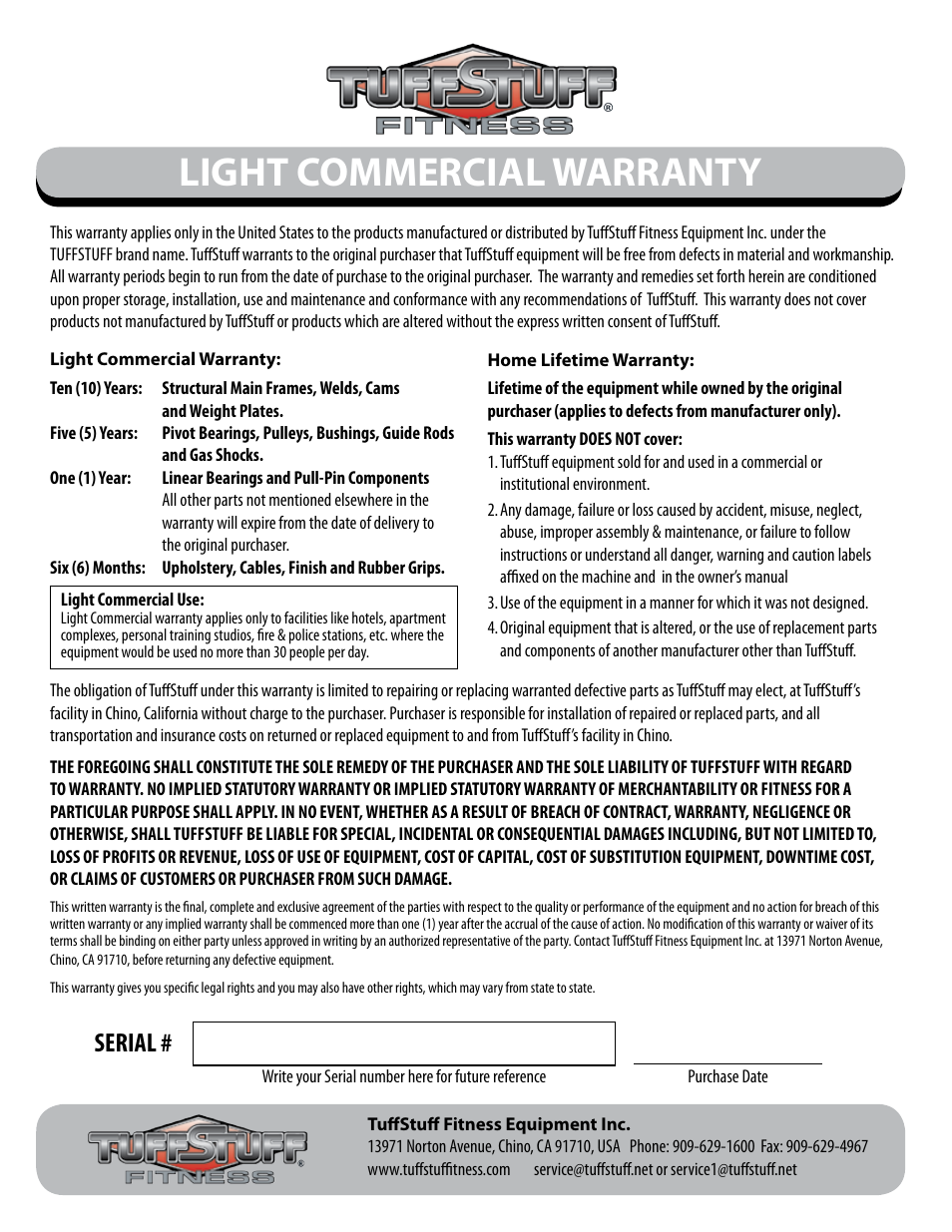 Light commercial warranty, Serial | Tuff Stuff HTX-2000 Dual Stack Functional Trainer v.1 User Manual | Page 36 / 36