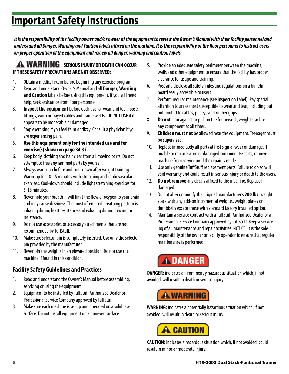 Important safety instructions | Tuff Stuff HTX-2000 Dual Stack Functional Trainer v.1 User Manual | Page 8 / 36