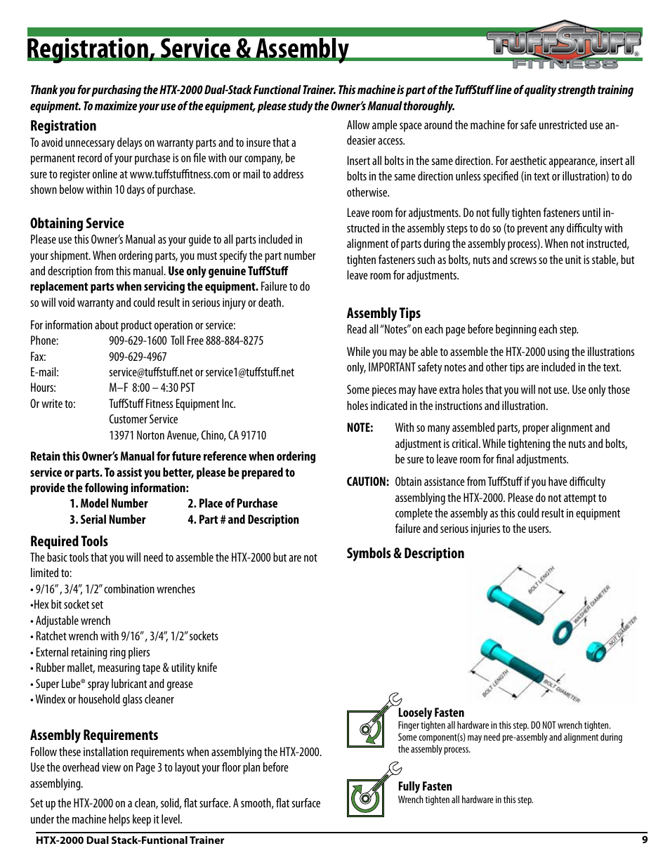 Registration, service & assembly | Tuff Stuff HTX-2000 Dual Stack Functional Trainer v.1 User Manual | Page 9 / 36