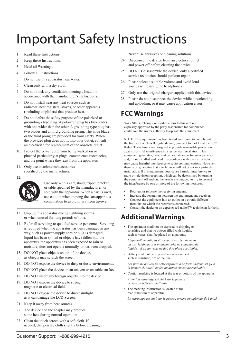 Important safety instructions, Fcc warnings additional warnings | ZEKI TAB803B USER MANUAL User Manual | Page 3 / 24