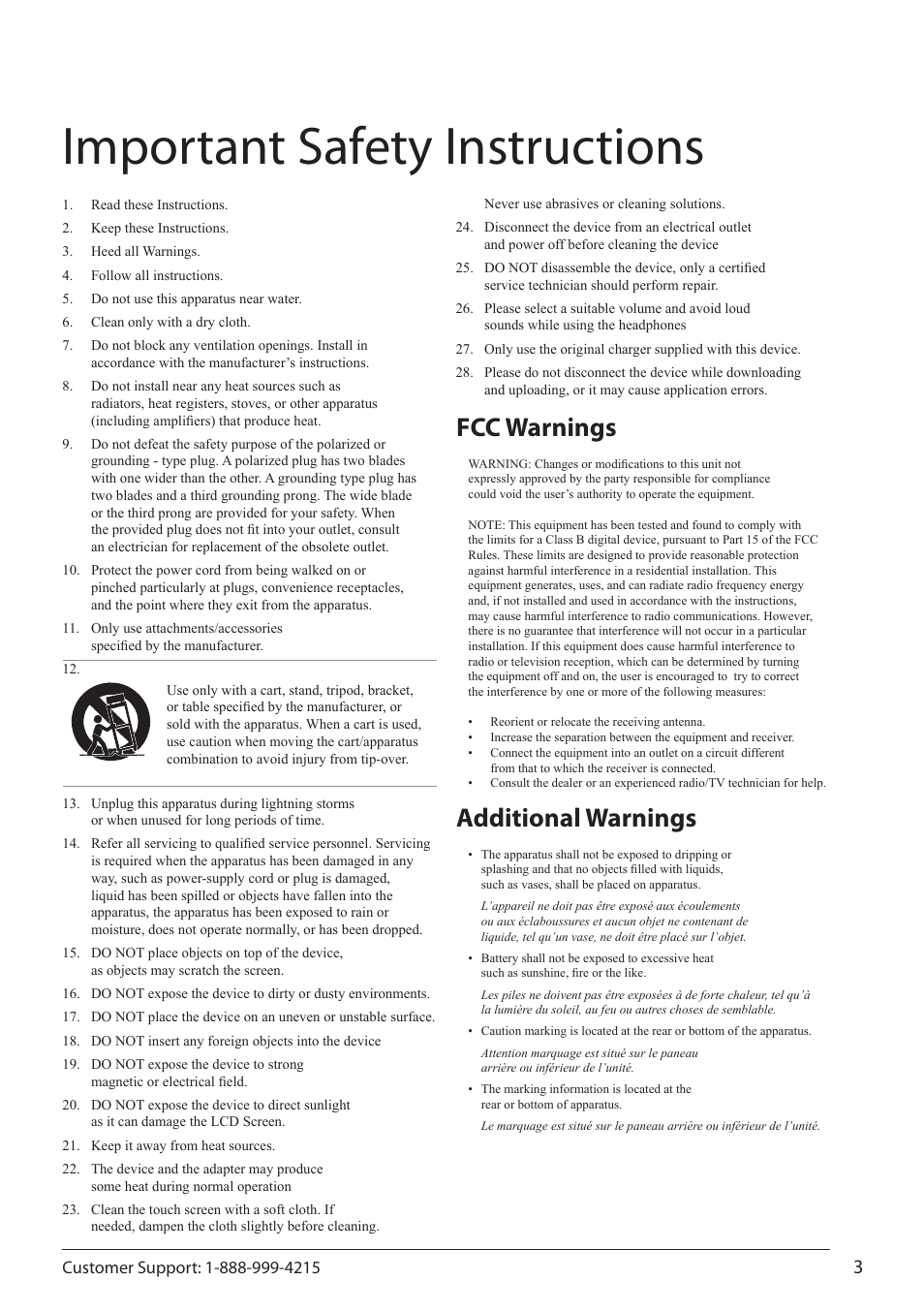 Important safety instructions, Fcc warnings additional warnings | ZEKI TBQC1063B USER MANUAL User Manual | Page 3 / 23