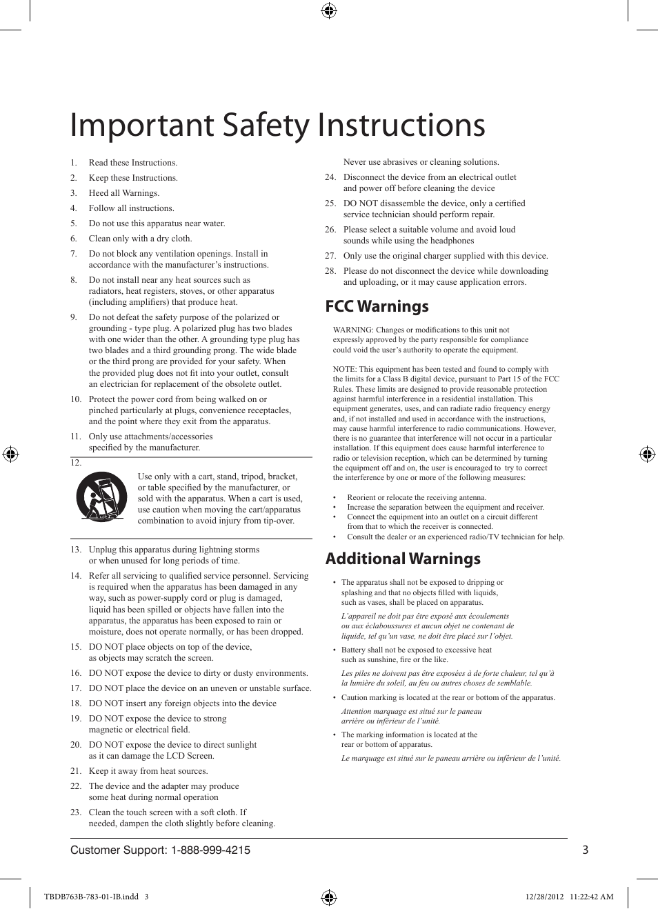 Important safety instructions, Fcc warnings additional warnings | ZEKI TBDB763B USER MANUAL User Manual | Page 3 / 23