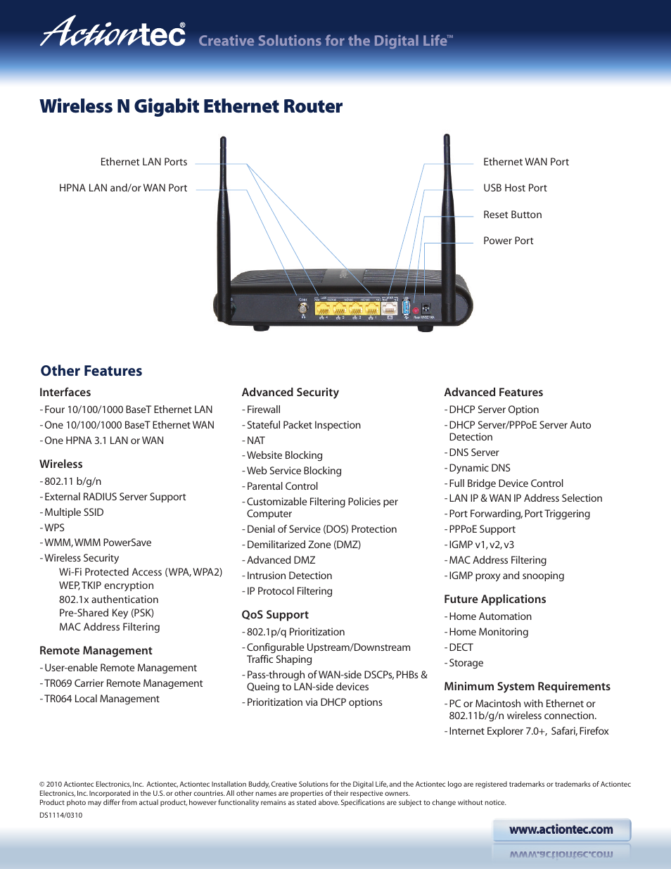 Wireless n gigabit ethernet router, Creative solutions for the digital life, Other features | Actiontec R1000H User Manual | Page 2 / 2