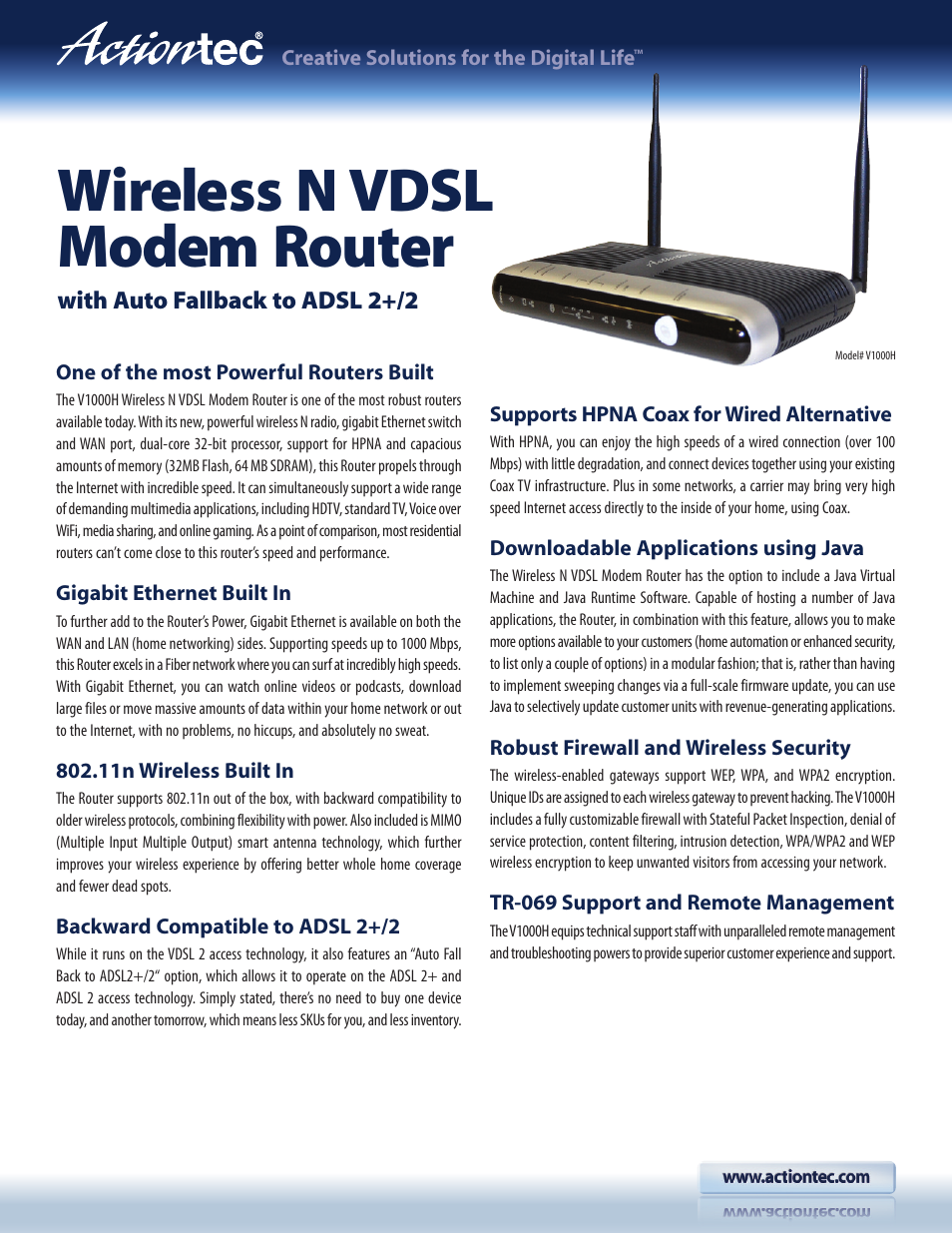 Actiontec V1000H Datasheet User Manual | 2 pages