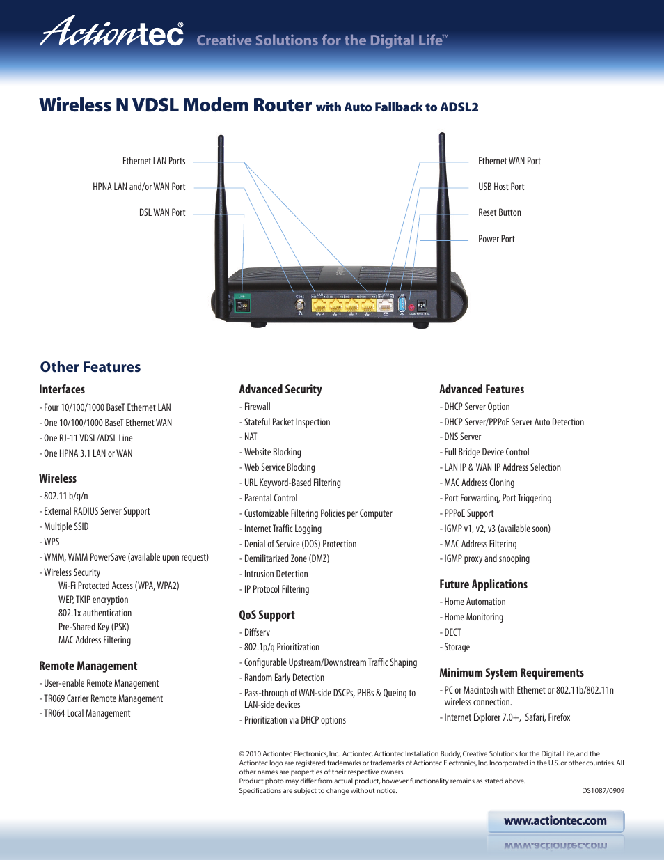 Wireless n vdsl modem router, Creative solutions for the digital life, Other features | Actiontec V1000H Datasheet User Manual | Page 2 / 2