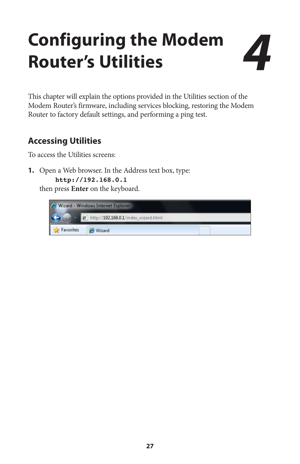 Configuring the modem router’s utilities, Accessing utilities | Actiontec V1000H User Manual User Manual | Page 30 / 82