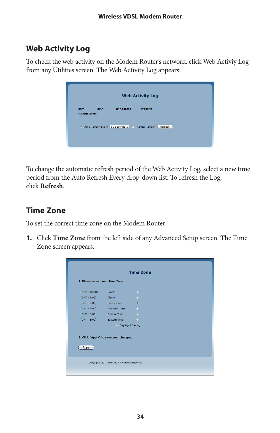 Web activity log, Time zone | Actiontec V1000H User Manual User Manual | Page 37 / 82
