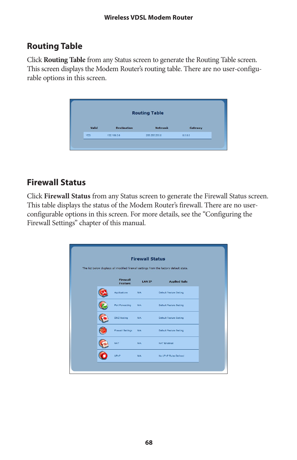 Routing table, Firewall status | Actiontec V1000H User Manual User Manual | Page 71 / 82