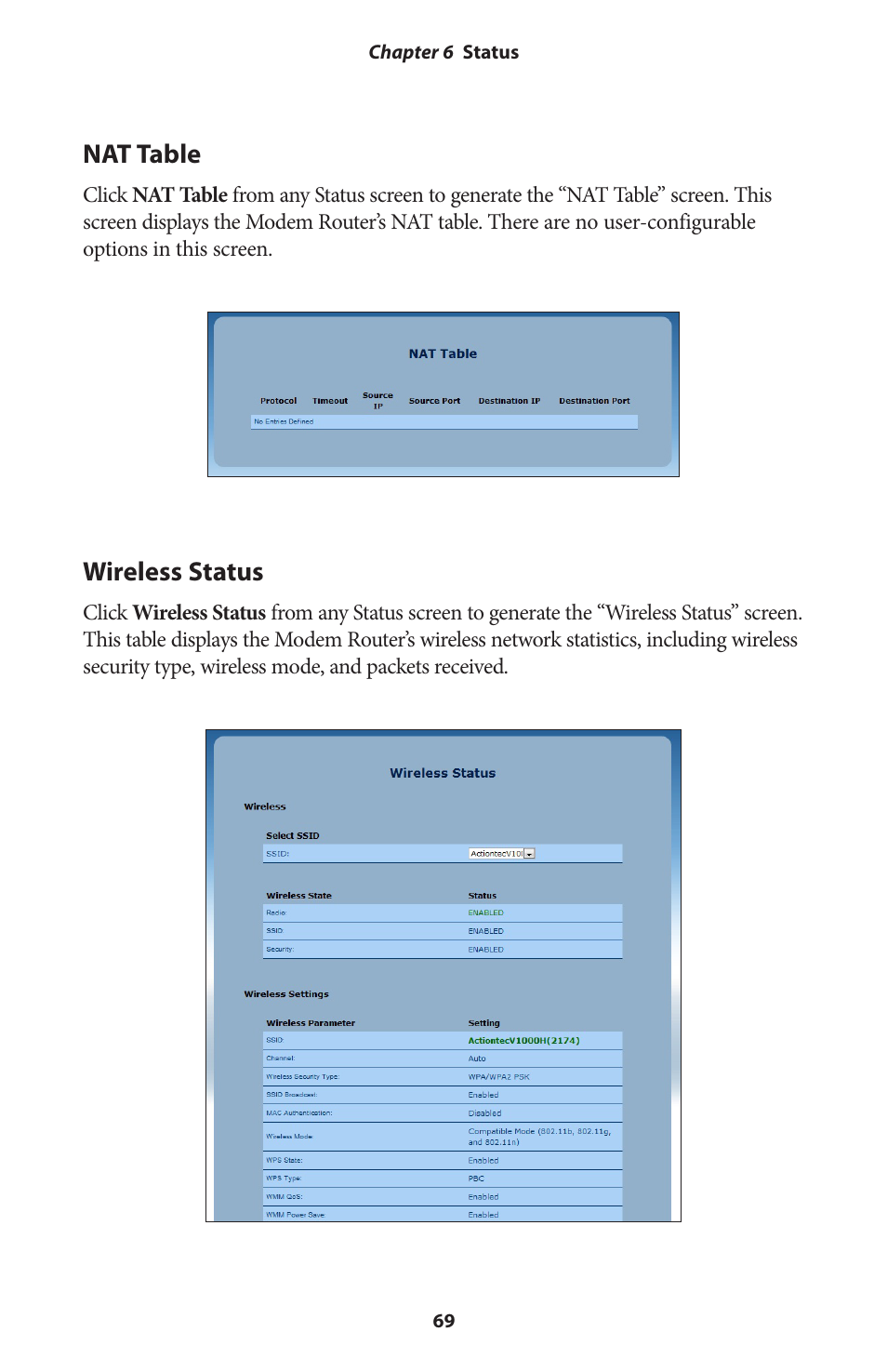 Nat table, Wireless status | Actiontec V1000H User Manual User Manual | Page 72 / 82