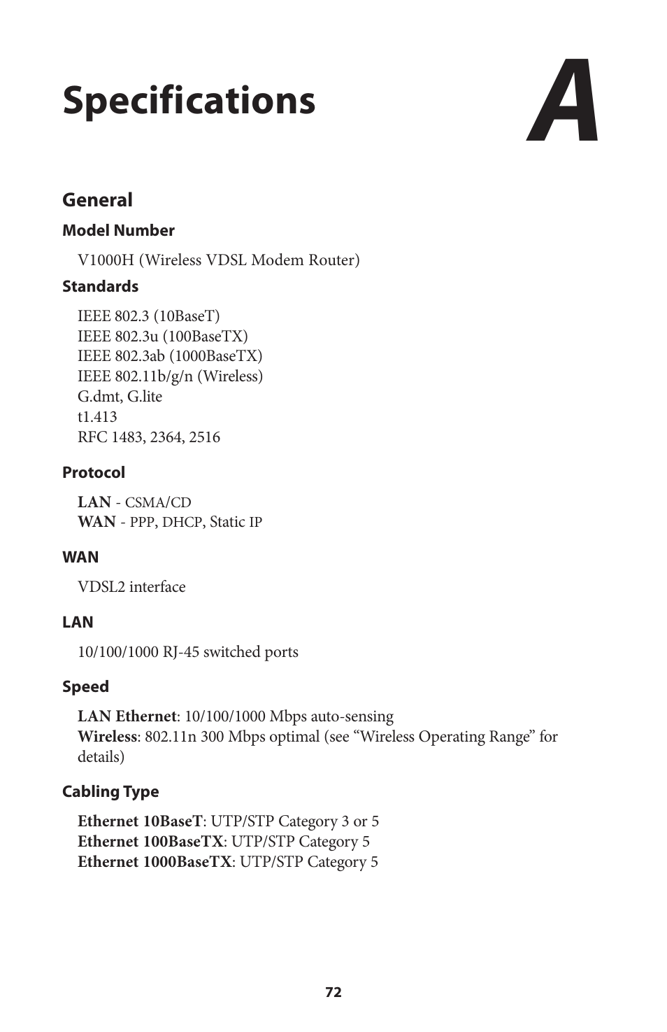 Specifications, General | Actiontec V1000H User Manual User Manual | Page 75 / 82