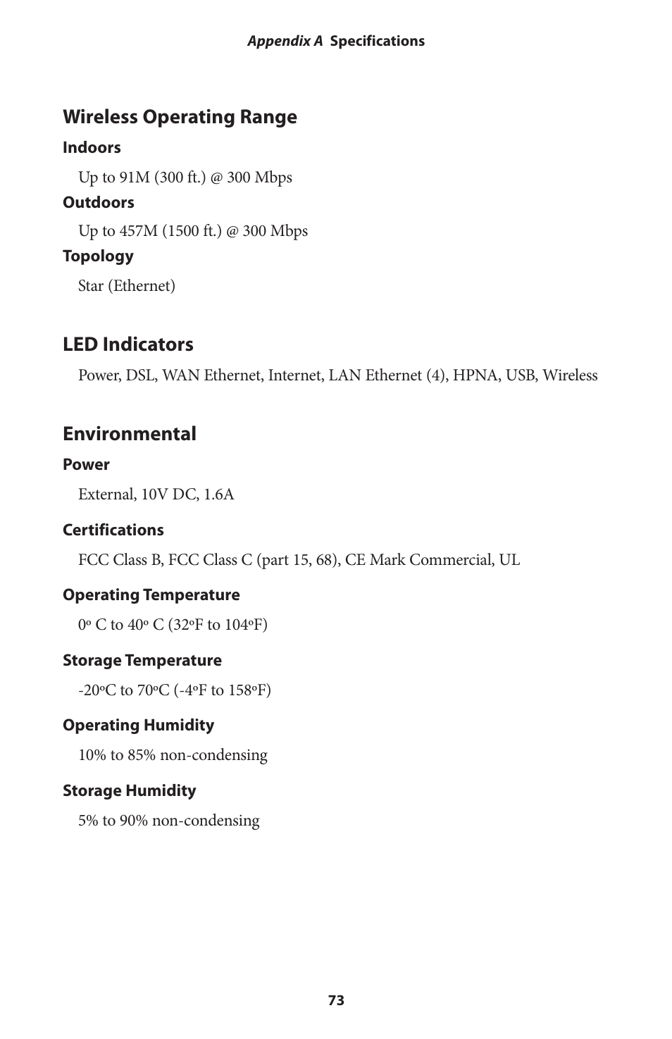 Wireless operating range, Led indicators, Environmental | Actiontec V1000H User Manual User Manual | Page 76 / 82