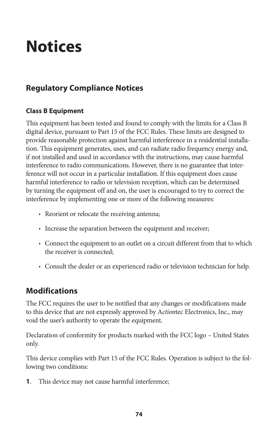 Notices, Regulatory compliance notices, Modifications | Actiontec V1000H User Manual User Manual | Page 77 / 82