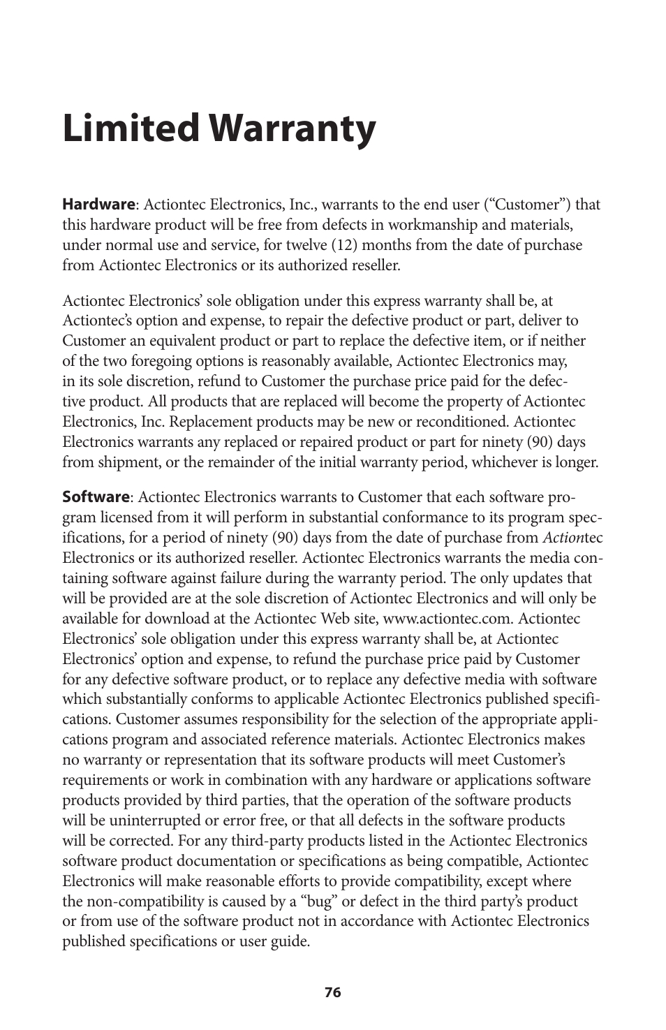 Limited warranty | Actiontec V1000H User Manual User Manual | Page 79 / 82