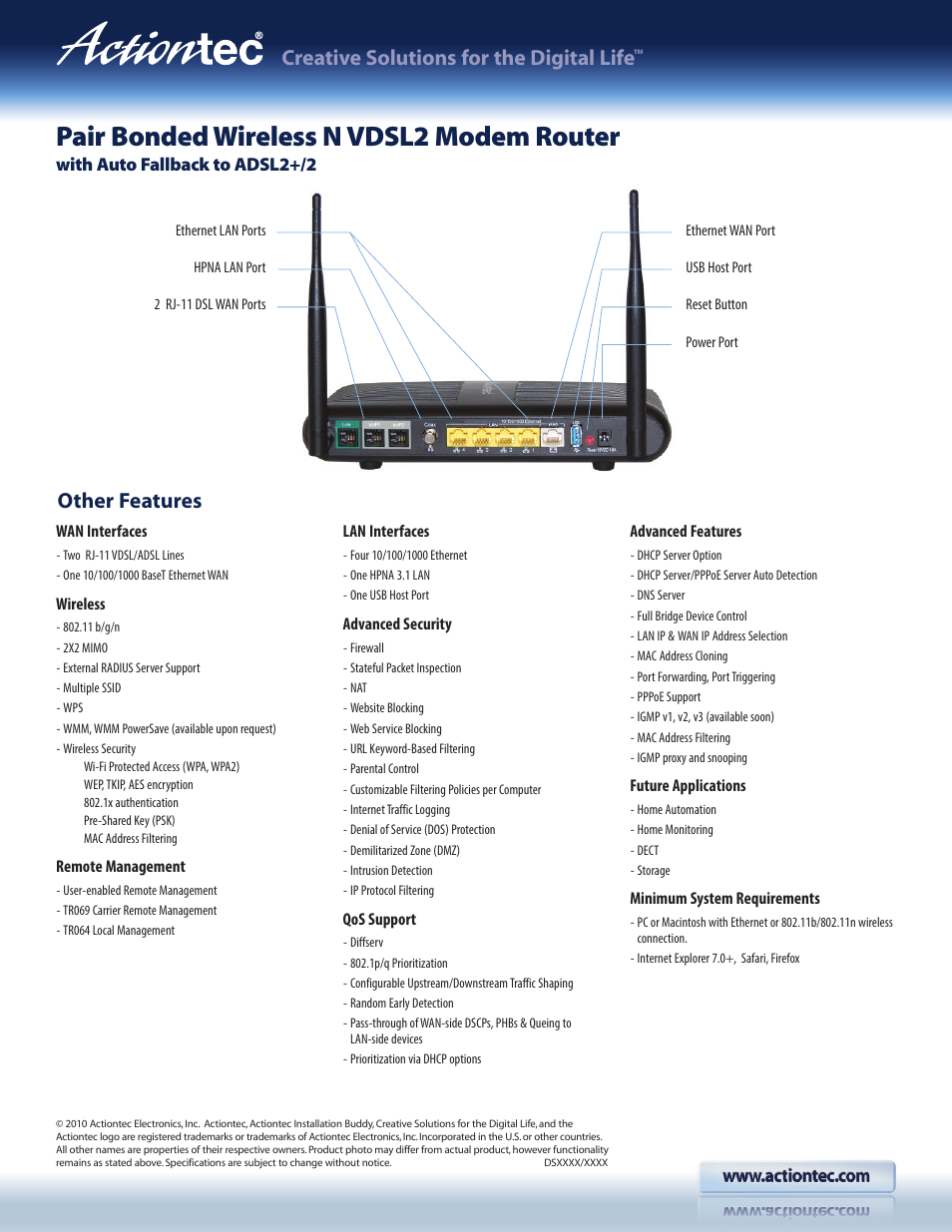 Pair bonded wireless n vdsl2 modem router, Creative solutions for the digital life, Other features | Actiontec V2000H User Manual | Page 2 / 2