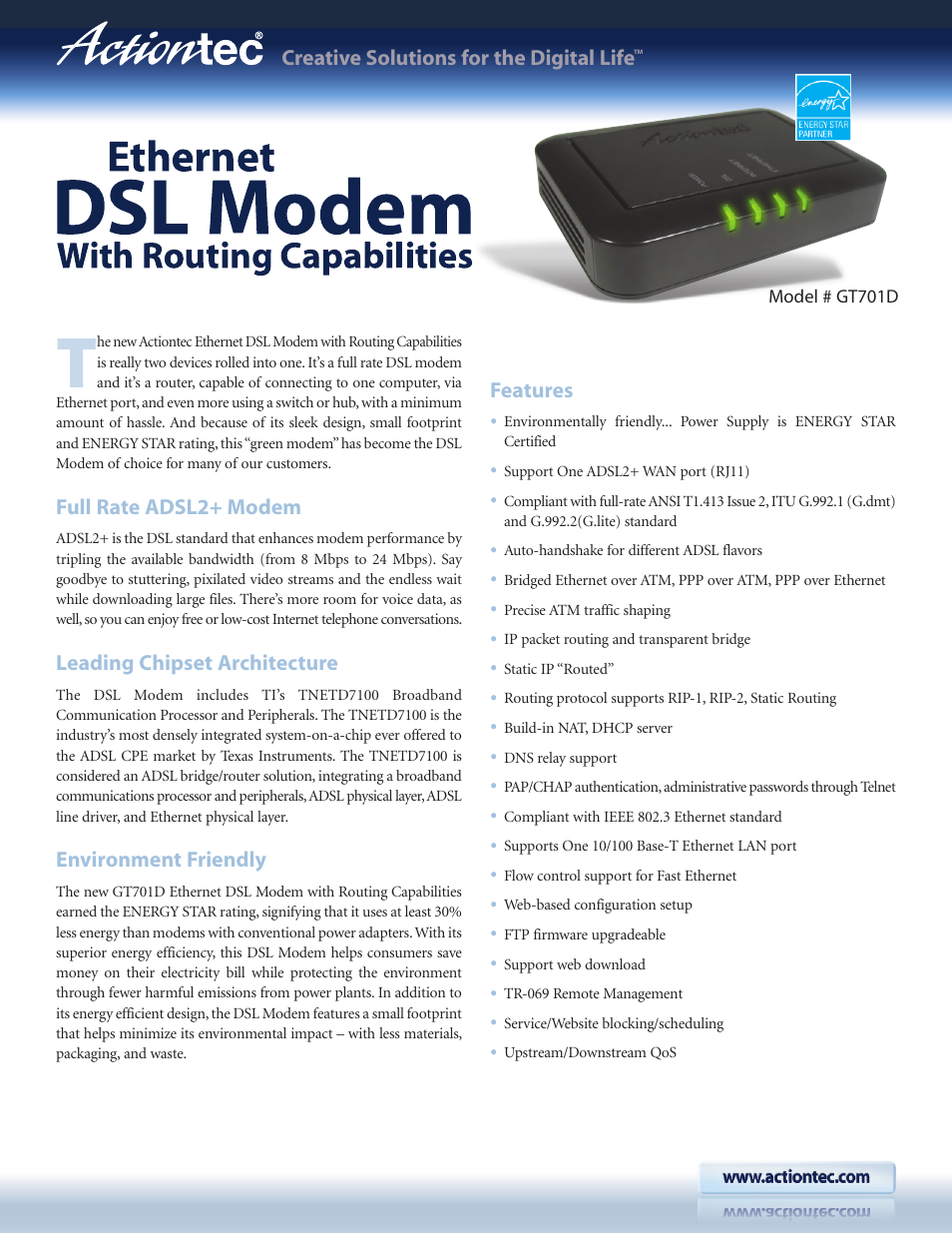 Actiontec GT701D Datasheet User Manual | 3 pages