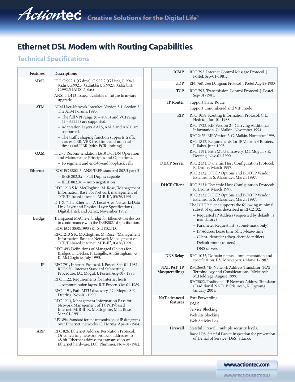 Ethernet dsl modem with routing capabilities, Creative solutions for the digital life, Technical specifications | Actiontec GT701D Datasheet User Manual | Page 2 / 3