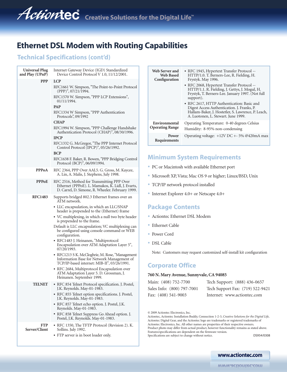 Ethernet dsl modem with routing capabilities, Technical specifications (cont’d), Creative solutions for the digital life | Minimum system requirements, Package contents, Corporate office | Actiontec GT701D Datasheet User Manual | Page 3 / 3