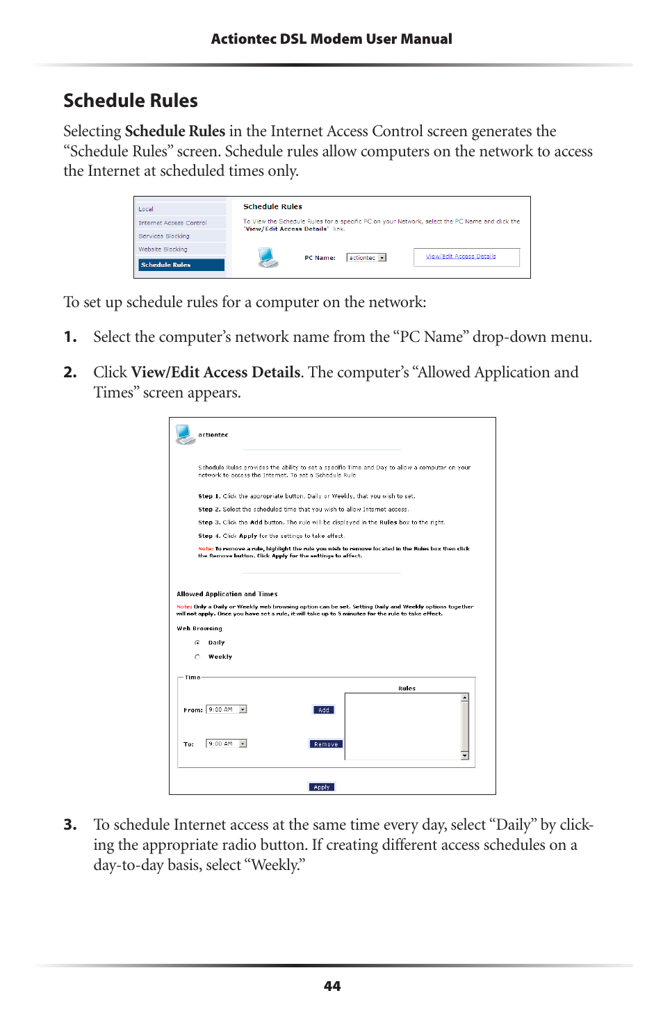 Schedule rules | Actiontec GT701D User Manual User Manual | Page 47 / 91