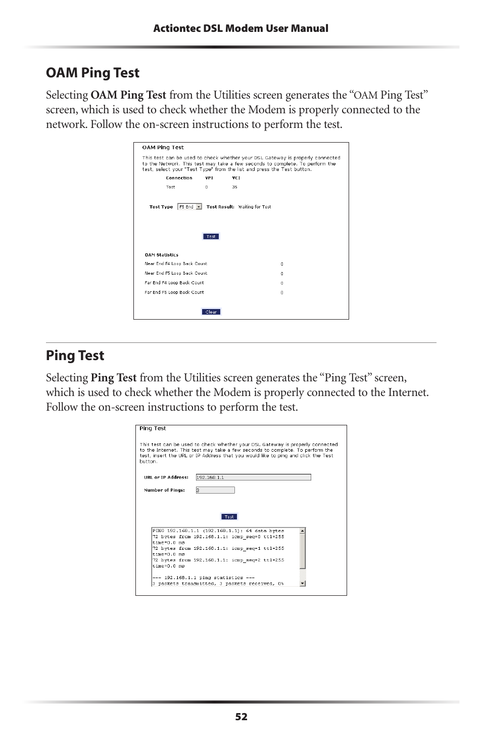 Oam ping test, Ping test | Actiontec GT701D User Manual User Manual | Page 55 / 91