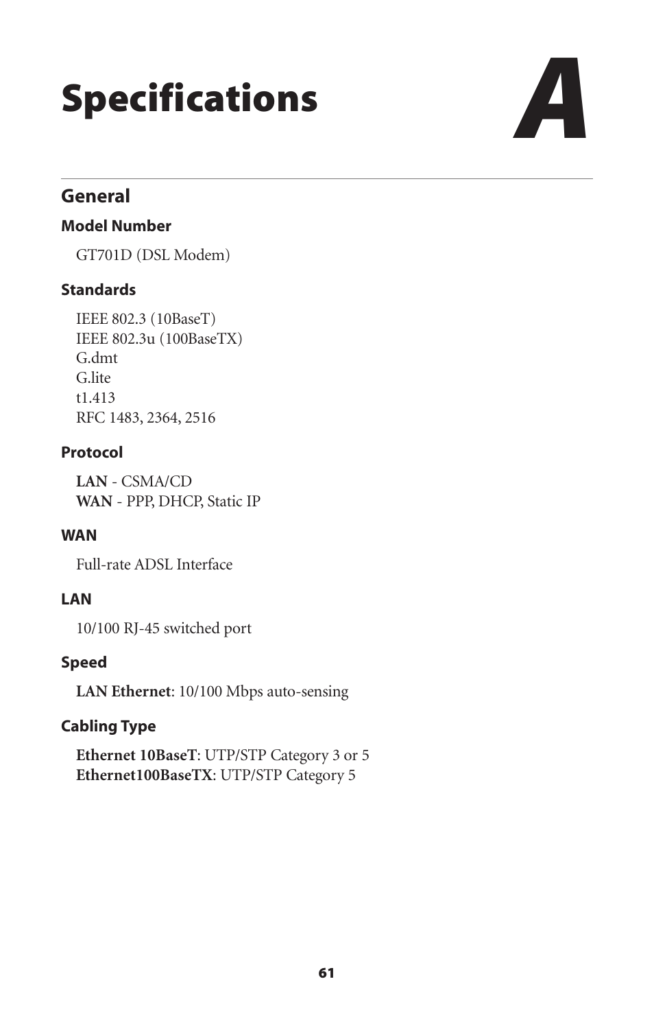 Specifications | Actiontec GT701D User Manual User Manual | Page 64 / 91