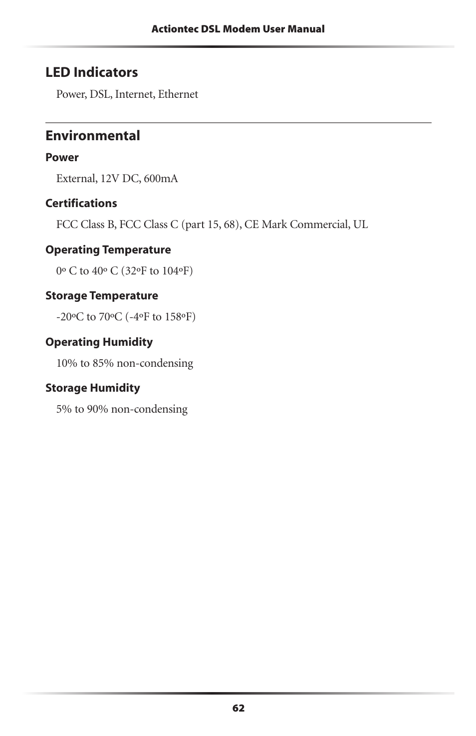 Led indicators, Environmental | Actiontec GT701D User Manual User Manual | Page 65 / 91