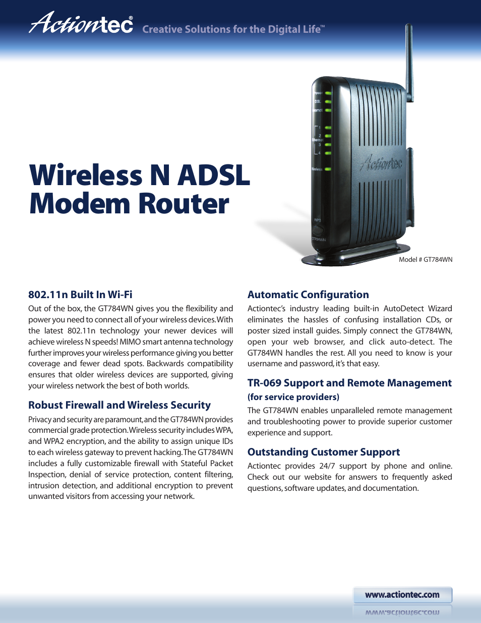 Actiontec GT784WN Datasheet User Manual | 2 pages
