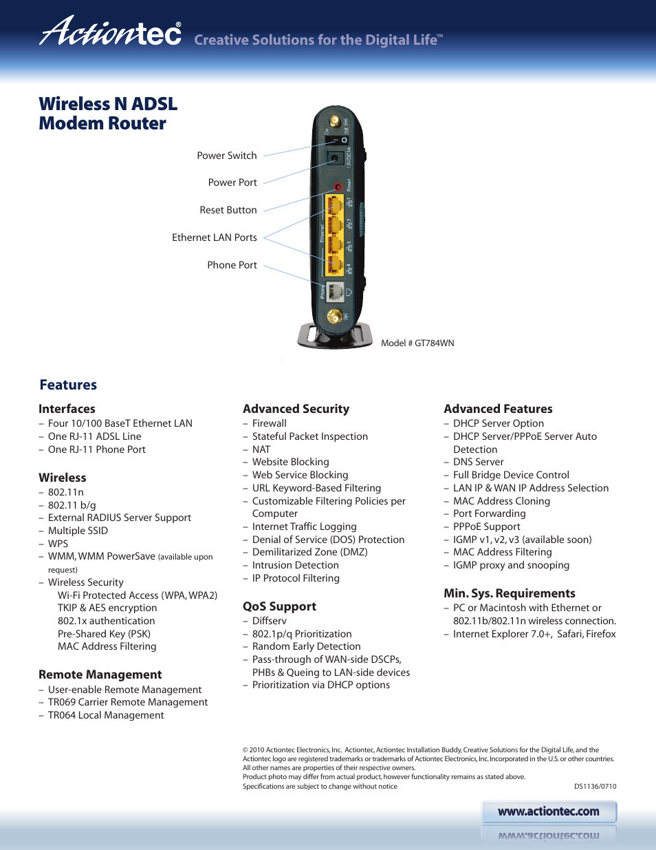 Wireless n adsl modem router, Creative solutions for the digital life, Features | Actiontec GT784WN Datasheet User Manual | Page 2 / 2