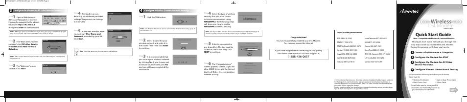 Wireless, Dsl modem, Quick start guide | Actiontec GT784WN Installation Guide User Manual | Page 2 / 2
