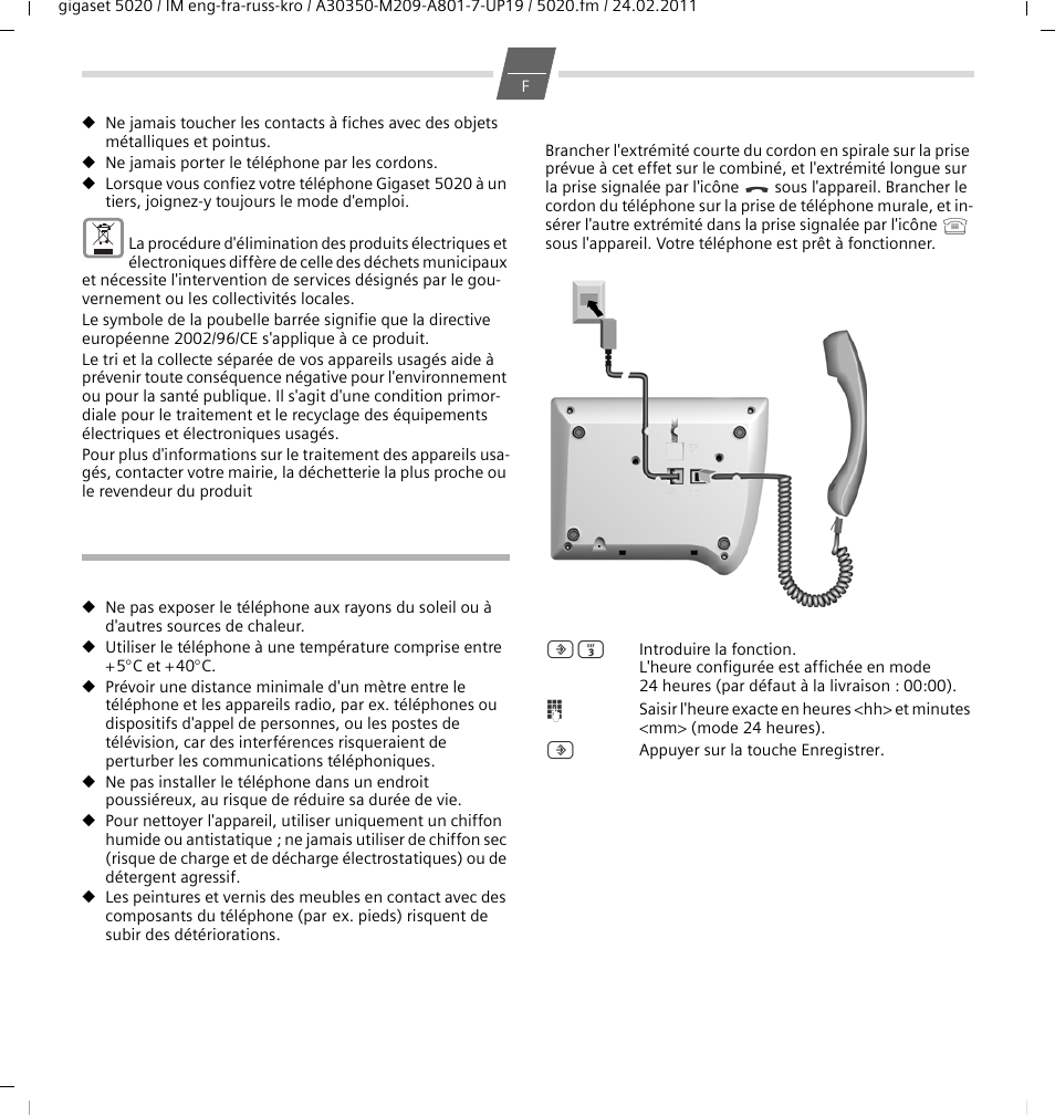 Mise en service du téléphone, Conseils pour l'installation du téléphone, Raccordement | Régler l'horloge | GIGASET COMMUNICATIONS GMBH 5020 User Manual | Page 11 / 44