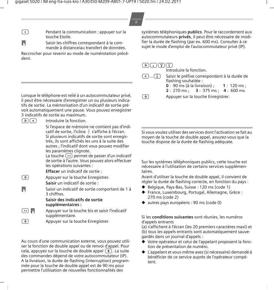 Fonctionnement sur autocommutateurs privés (ip), Saisir/effacer les indicatifs de sortie | GIGASET COMMUNICATIONS GMBH 5020 User Manual | Page 15 / 44