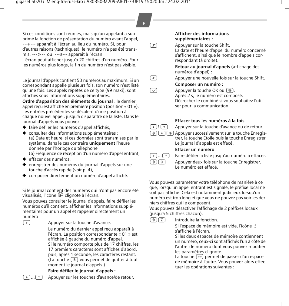 Journal d’appels, Effacer les numéros du journal d'appels, Activer/désactiver l'affichage des préfixes locaux | GIGASET COMMUNICATIONS GMBH 5020 User Manual | Page 16 / 44
